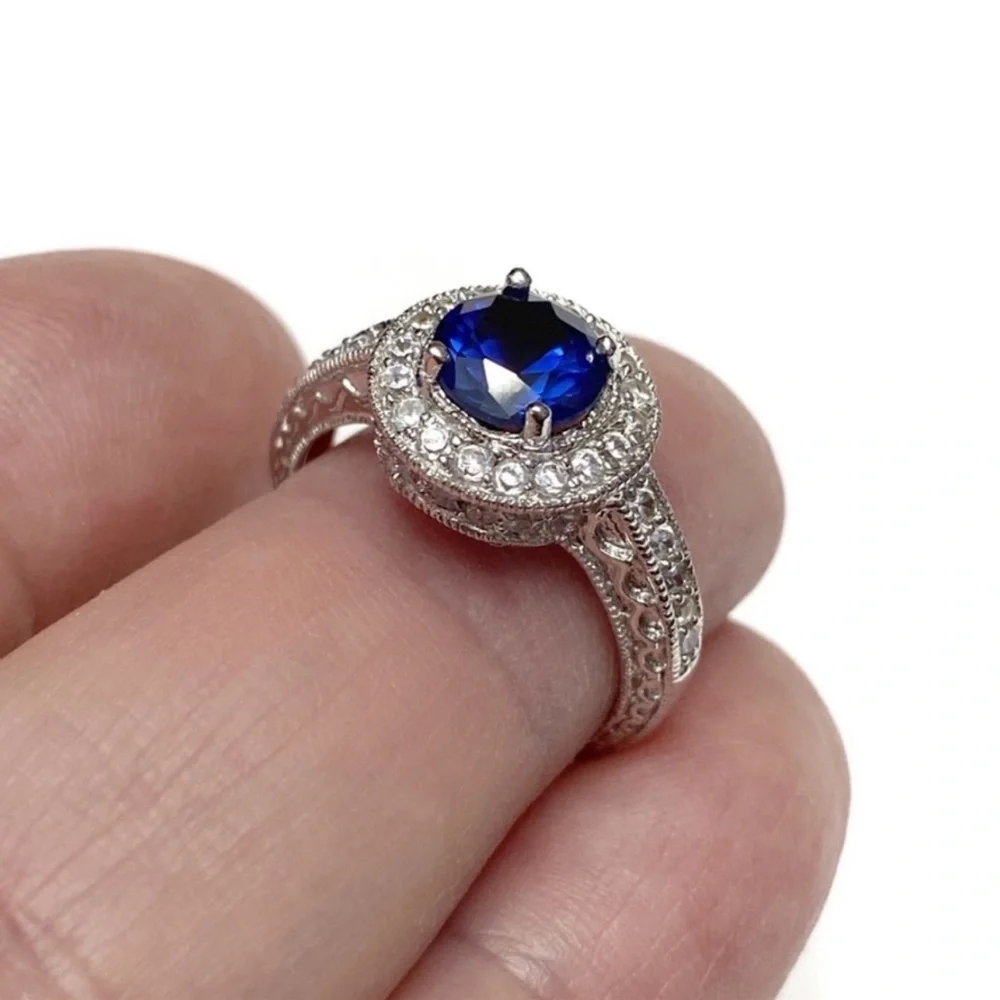 Sterling Silver Sapphire Engagement Ring with CZ Halo Size 7